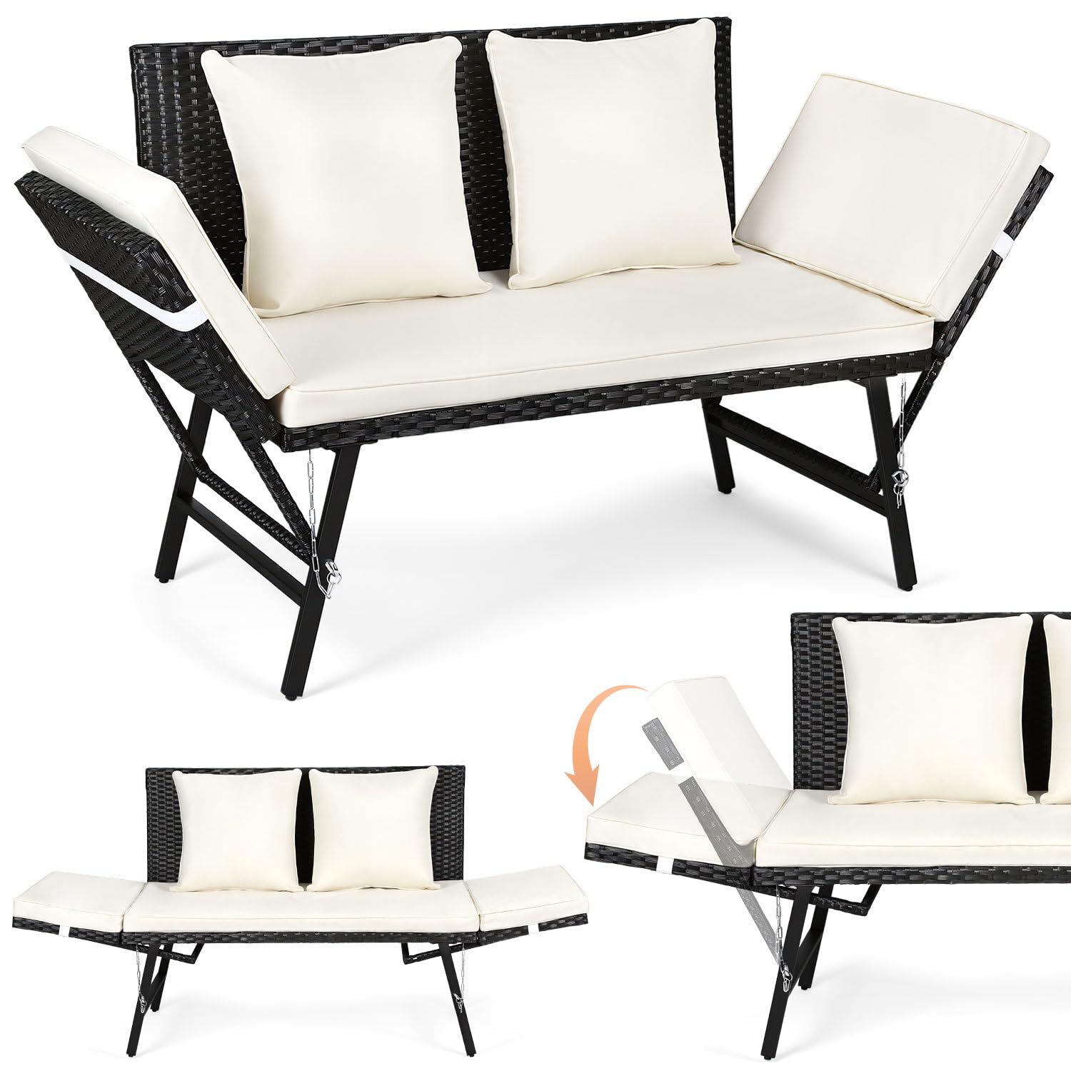 Gartenbank Polyrattan mit Liegefunktion, 2-Sitzer Gartensofa mit Verstellbare Armlehnen, Outdoor Sofa Wetterfest mit Sitzpolstern & Kissenfür, 3 in 1 Balkon Sofa für Garten,Balkon & Terrasse, Beige