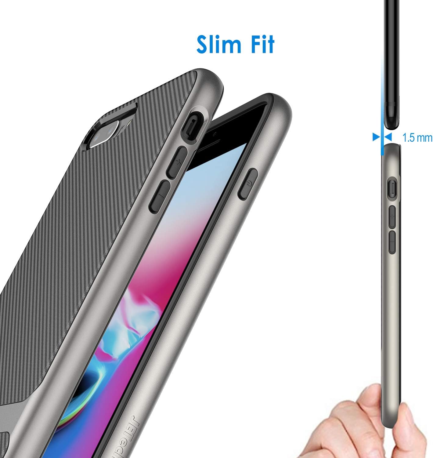 JETech Case for iPhone 7 Plus, iPhone 8 Plus, 5.5 Inch, 2-Layer Slim Protective Cover, Shock-Absorption and Carbon Fiber Grey