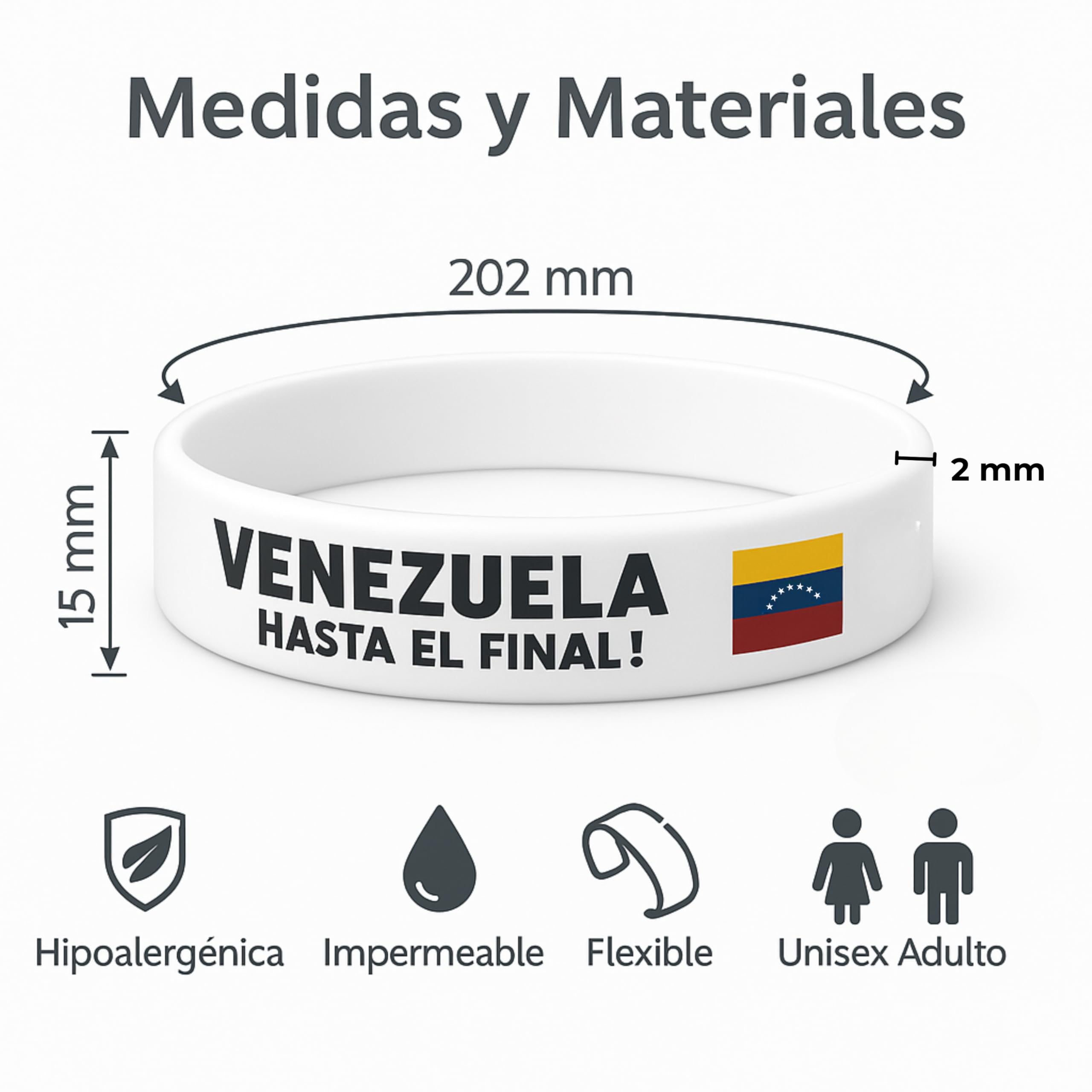 Bandera De Venezuela 7 Estrellas en pulsera Unisex de Silicona Premium | 15 mm x 202 mm x 2 mm | Bandera venezuela 7 estrellas y lema “HASTA EL FINAL” | Negro, Blanco y Vinotinto
