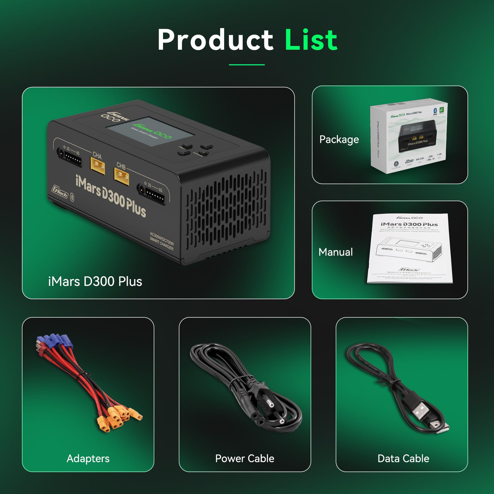 Gens Ace Bluetooth czarna IMars D300 Plus Dual-Channel AC/DC Balance, 300 W AC/700 W DC, maks. 16 A, 2,4 cala IPS, do 1-6S LiPo/1-16S NiMH