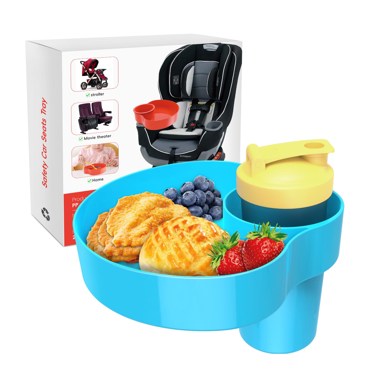 Car Seat Snack Tray for Kids: Kids Car Travel Tray with Cup Holder, Toddlers Road Trip Essential, Snacks Food Plate for Stroller, SnackTray with a Cup Holder (1, Sky Blue)