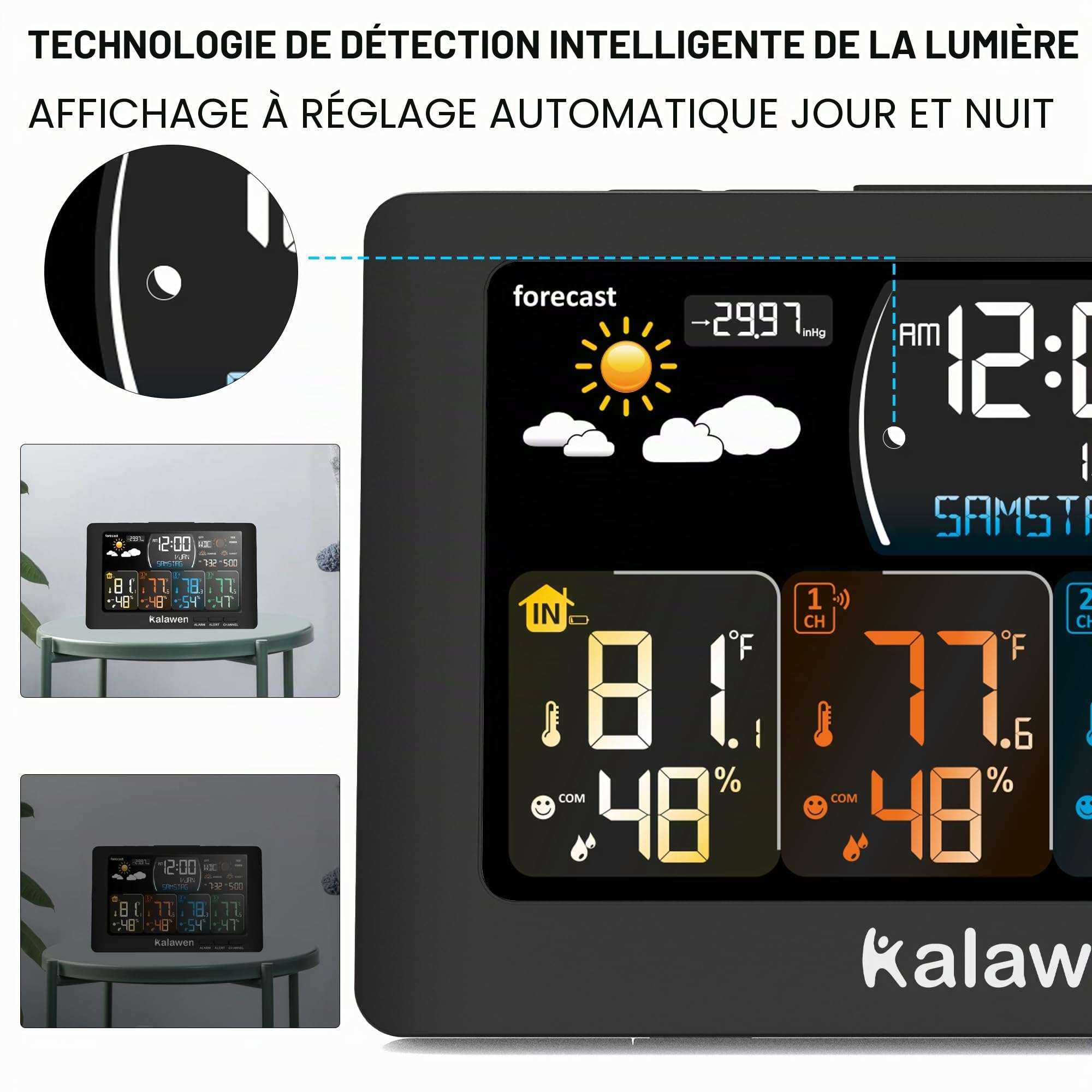 Station météo radio avec 3 capteurs extérieurs - Température intérieure et extérieure - Hygromètre radio - Réveil d'humidité RCC DCF