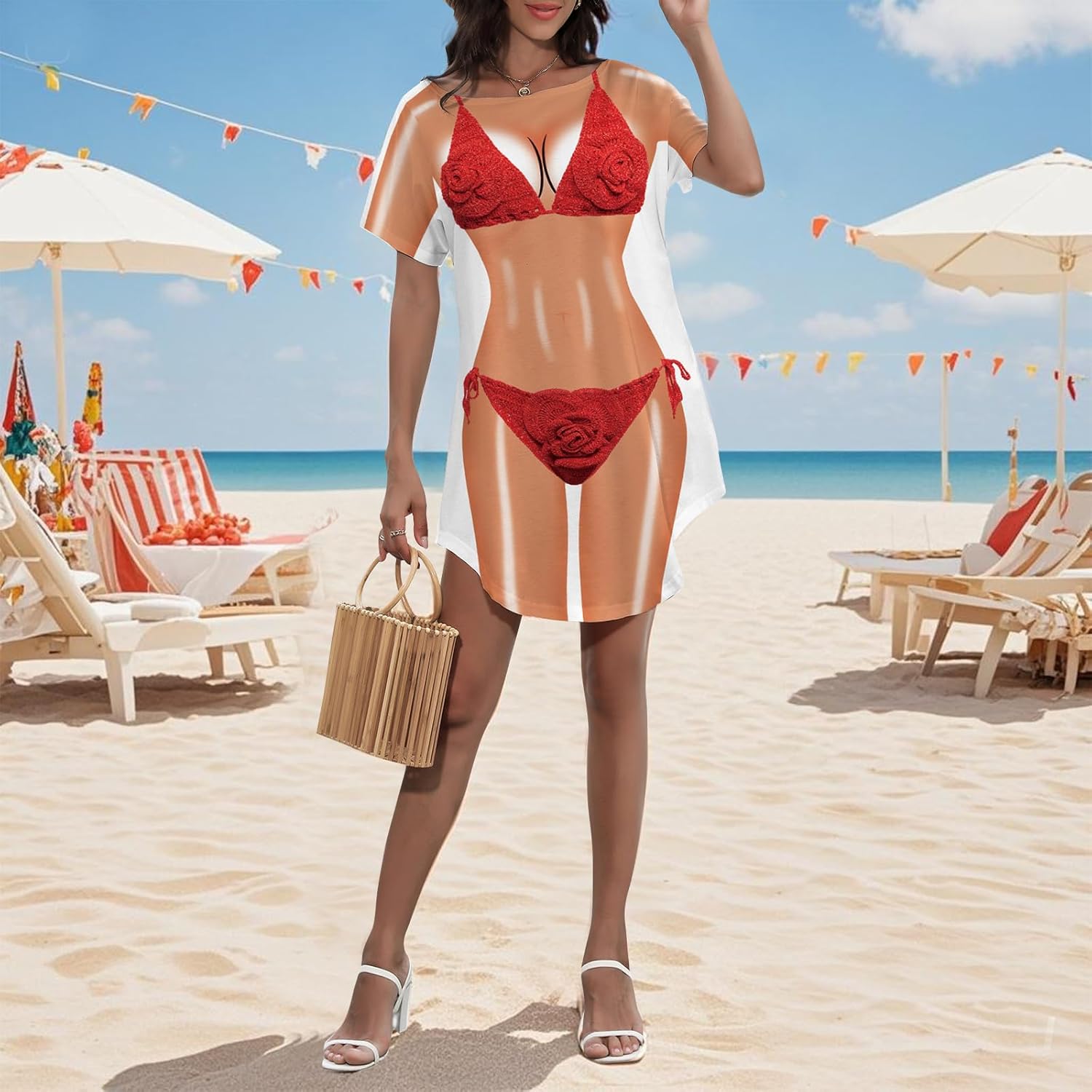 Women's Cute Bikini Printed T Shirt Dress Short Sleeve Baggy Shirt Beach Fun Swimwear Cover Up Dress - Image 3