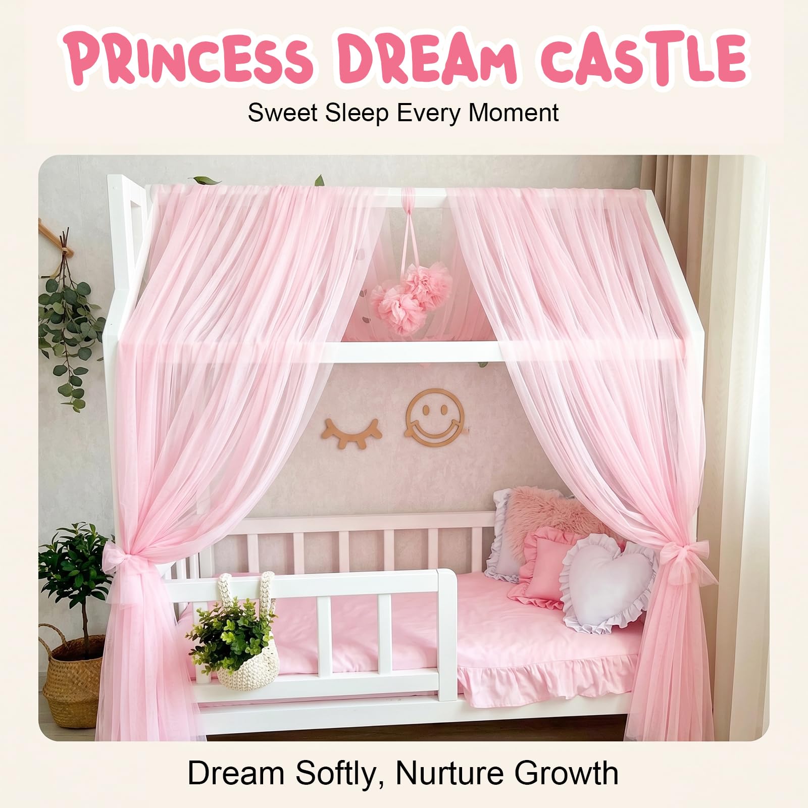 CEWROM Set di 2 tende a baldacchino per letto a baldacchino in tulle, decorazione e baldacchino per lettino, per bambine e ragazzi, 150 x 350 cm (rosa)