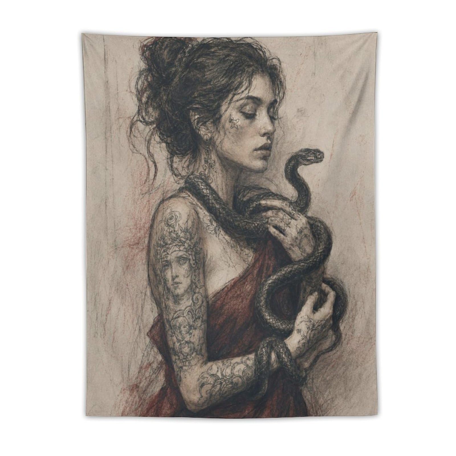 W7C8U2X3 Snake Woman Portrait Wall Tapestry, Realistic Illustration, Office