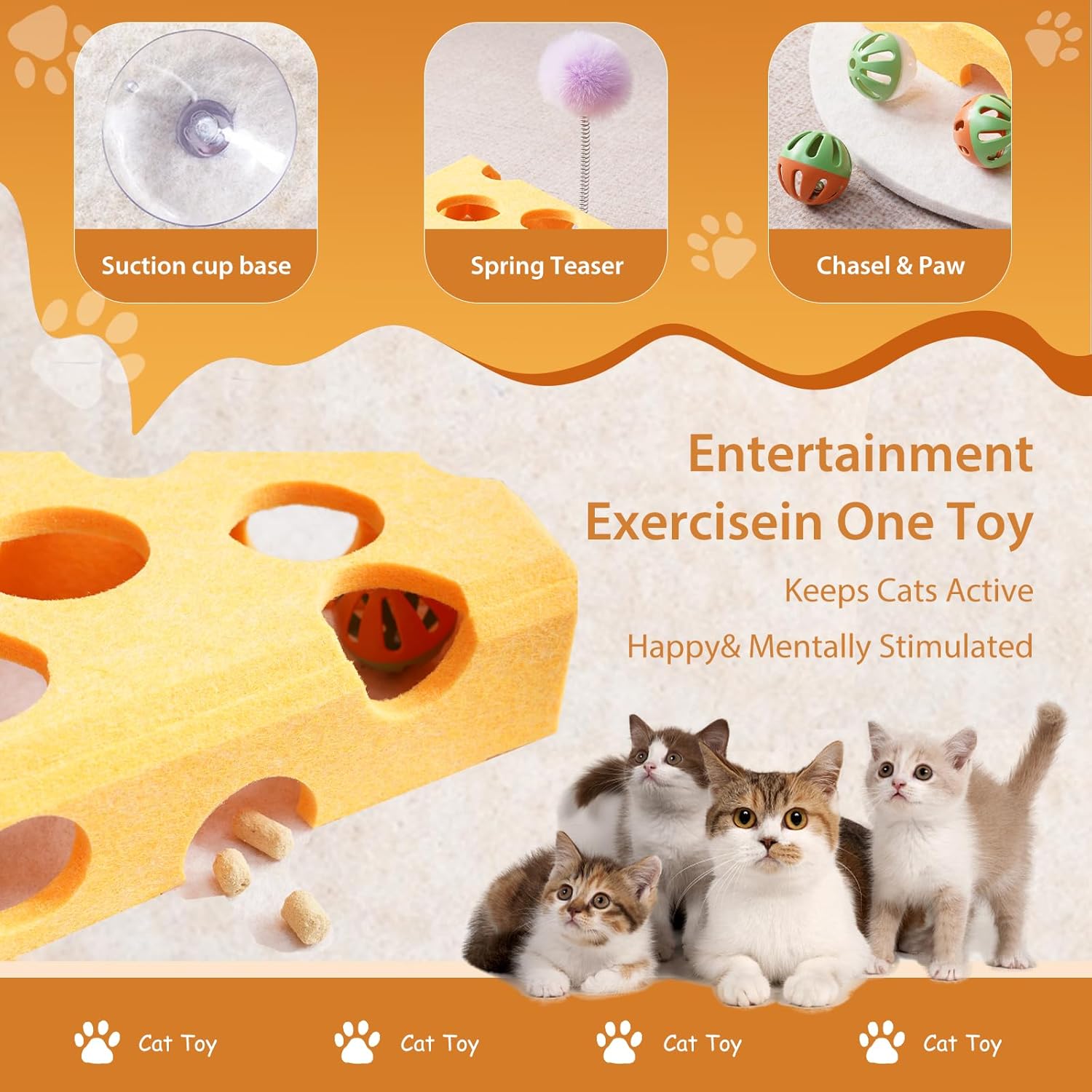 Cat Puzzle Toy with Balls & Spring Teaser – Felt Cat Toy Box for Indoor Cats, Suction Cup Base, Treat Puzzle for Solo Play, Mental Stimulation, Self Play, Hunting & Enrichment (Yellow) image 4 of 7 B0F9STDQFF