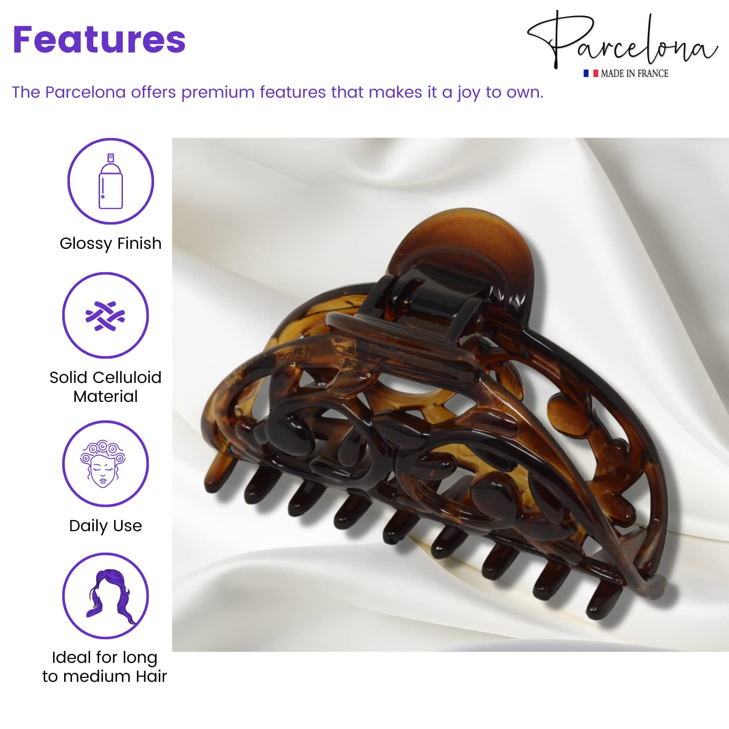 Parcelona French New Jardin Medium 3 1/4 Inch Covered Spring Celluloid Shell Jaw Hair Claw Clip - Image 2