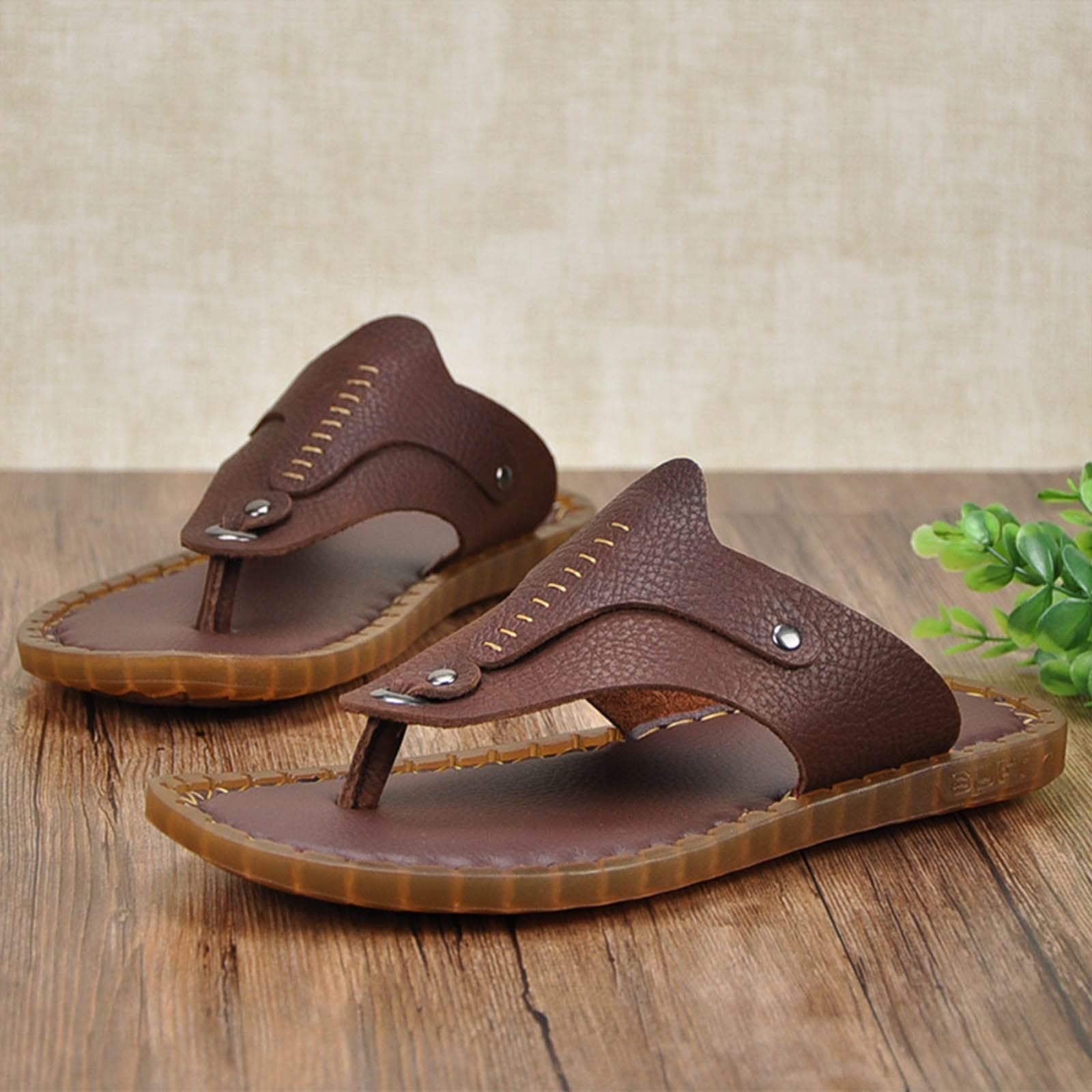 GHYUB Chanclas para Playa De Verano Zapatos De Piscina, Pantuflas con Parte Inferior De Tendón De Res Chanclas De Piel De Vaca De Primera Capa para Hombres Cuero Suave Sandalias
