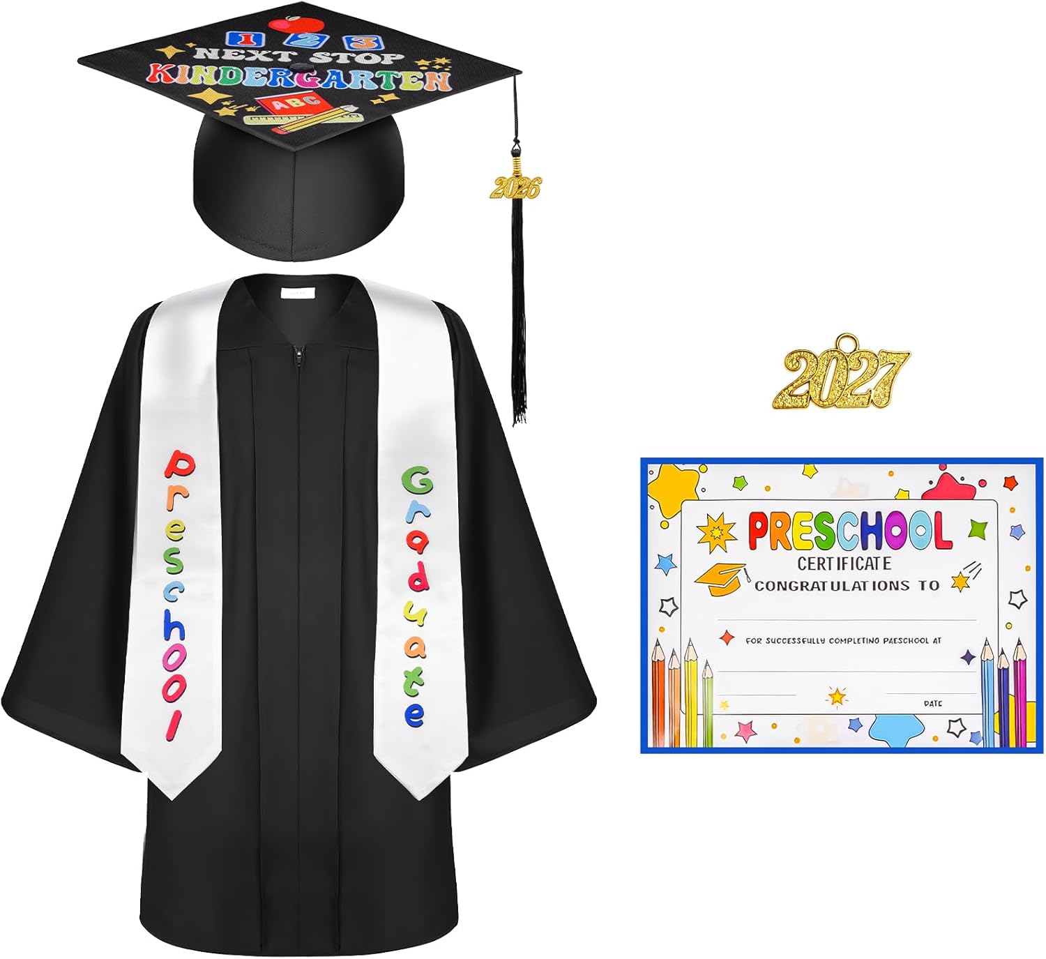 Kindergarten Graduation Cap and Gown Set with 2026 Tassel Graduation Stole and Certificate for Preschool Kids Toddler Graduates