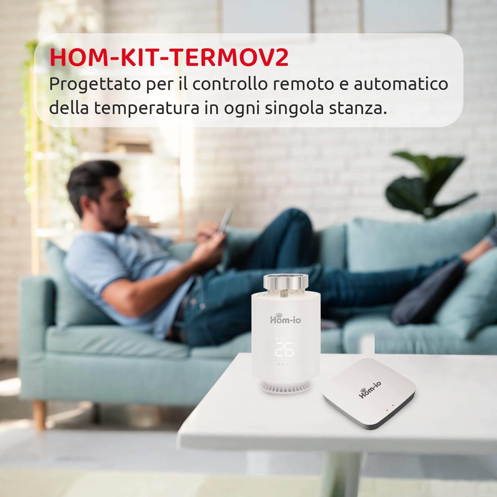HOM-KIT-TERMOV2 Kit Valvole Termostatiche Smart WiFi, Testa Termostatica e Gateway Zigbee per Controllo Intelligente Riscaldamento, Compatibile Alexa e Google Home