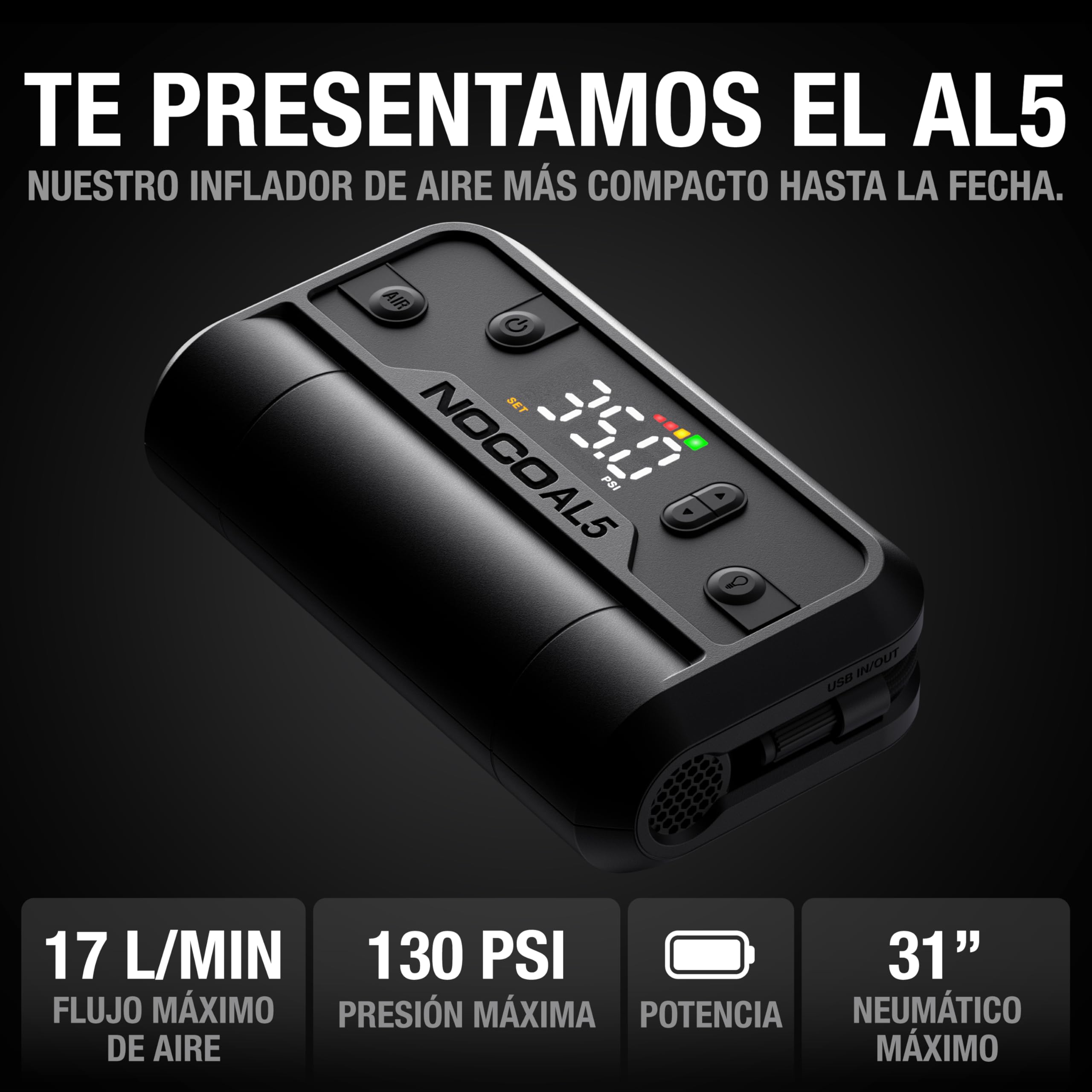 NOCO Air AL5 Inflador de neumáticos inalámbrico 5A Compresor de aire portátil a batería 17 SLPM 0-40 PSI 7 min Manómetro digital Apagado automático