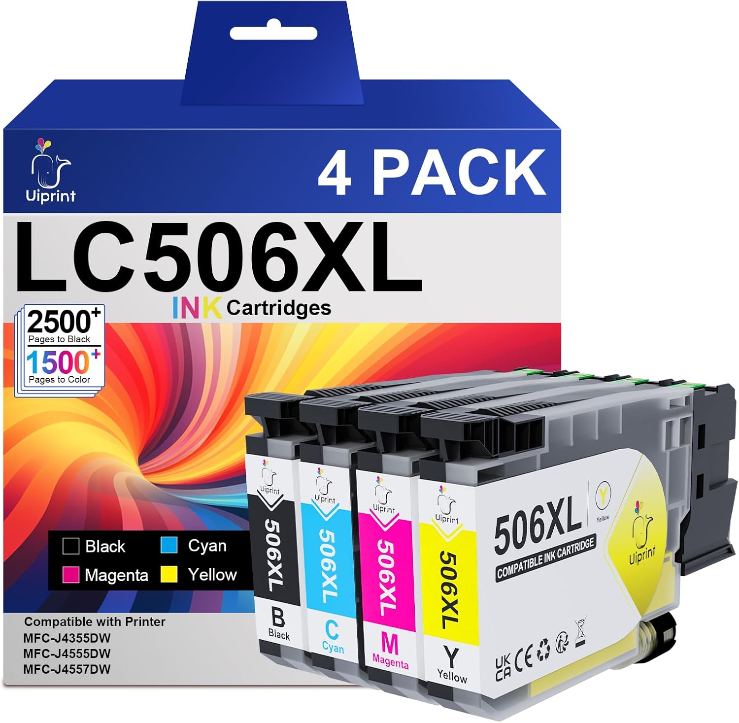 LC506XL4PK High Yield Ink Cartridges Compatible with Brother INKvestment 4355, 4555, 4557 Printer Replacement for Brother LC506 LC506XL LC506XXL Series, Up to 7000 Pages (Black, Cyan, Magenta, Yellow)