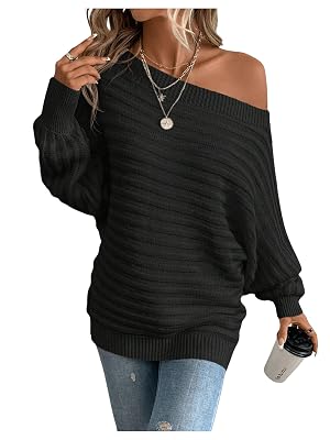 SweatyRocks Womens Oversized Sweaters Off The Shoulder Dolman Long Sleeve Textured Pullover Knit Tops