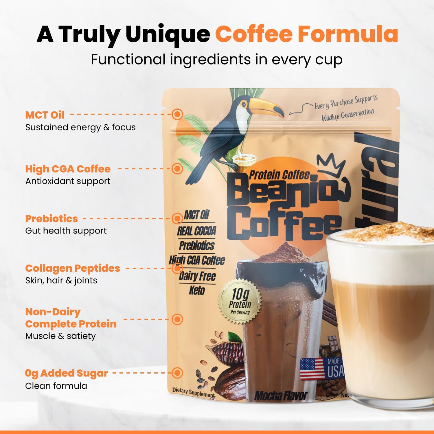 Protein Coffee Mocha with Collagen: Zero Added Sugar, 100% Natural Dairy-Free 10G Protein Instant Blend with Real Cocoa, High CGA Coffee, 100mg Caffeine, Collagen Peptides, 15 Servings - Image 3