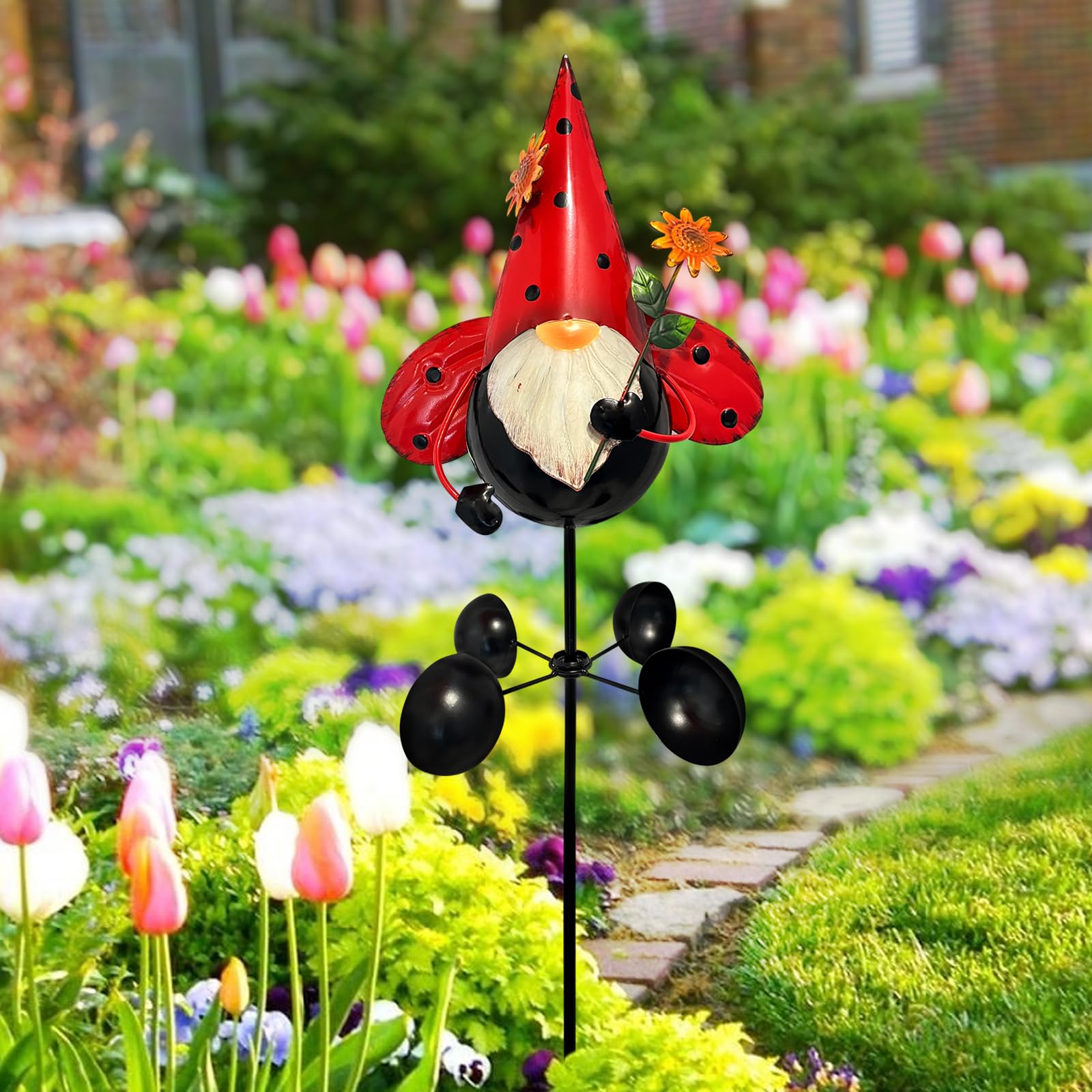 HONGLAND Zwerg aus Metall, Garten-Statue, Gartenstatue, Outdoor-Dekoration, 121,9 cm, Zwerg-Dekorationen, 360 Grad drehbar, Windspiel für Außenbereich, Terrasse, Garten, Hinterhof, Dekoration