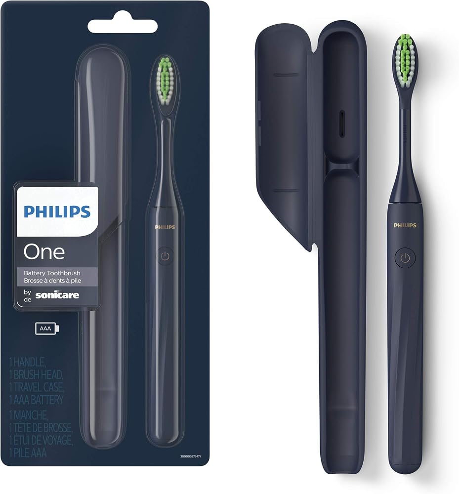 Amazon product image of Philips One by Sonicare Battery Toothbrush, 1 Brush Head, Midnight Blue | Micro-Vibration Bristles, 2-Minute Guided Timer, Includes Travel Case, HY1100/04