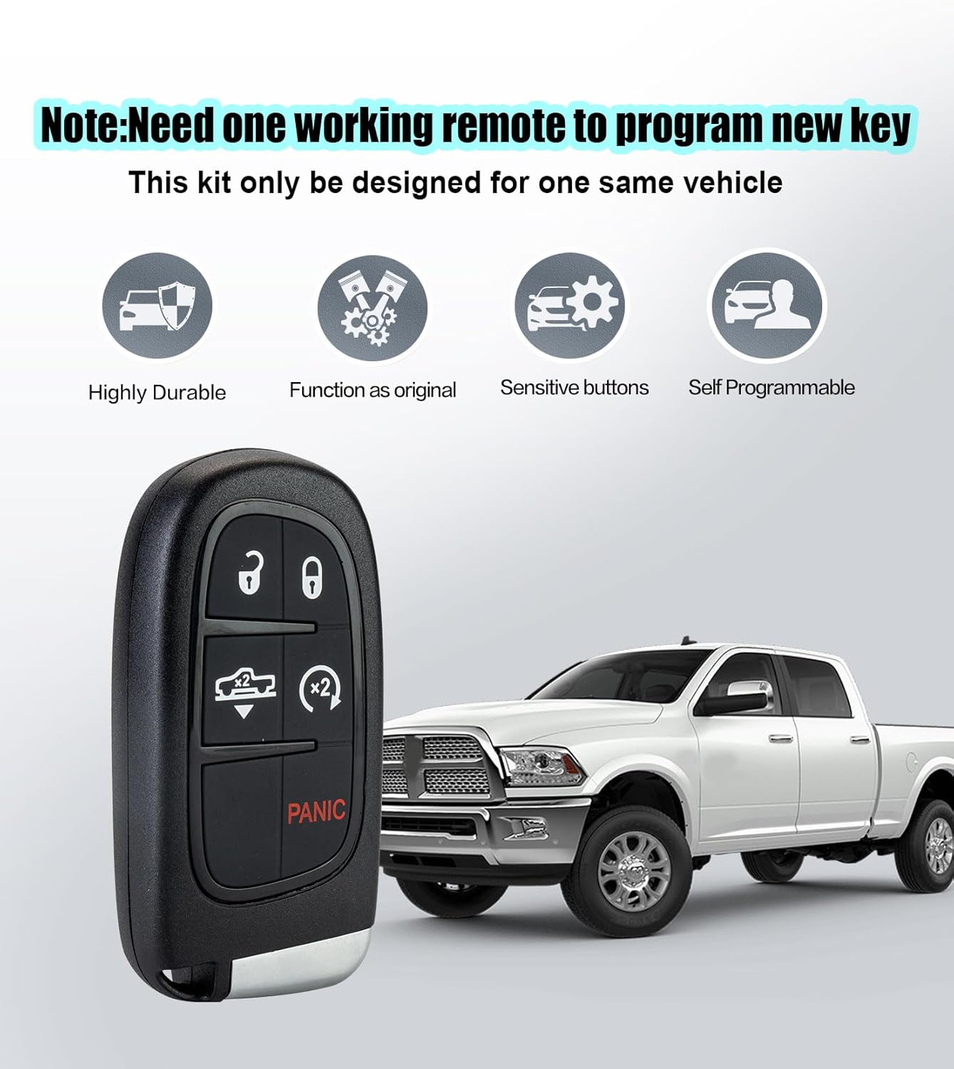 Car Key Remote Keyless Entry Self Programmable 46 Chip Remote Control Replacement for 2013-2018 Dodge Ram 1500 2500 3500 (5 BTN Smart Key/GQ4-54T)