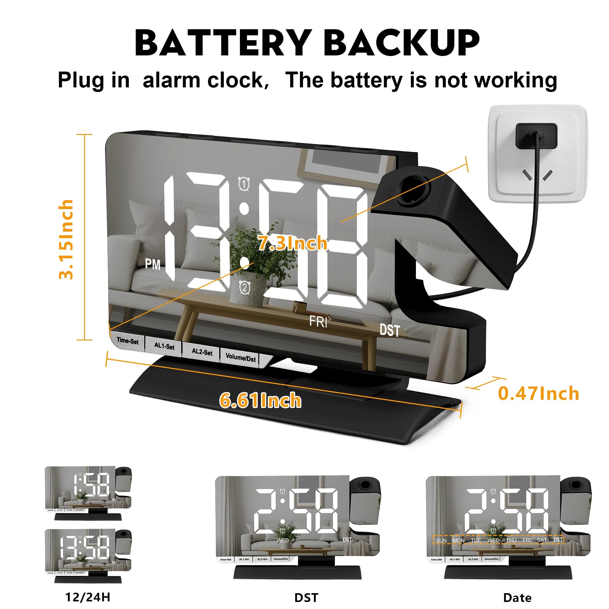 Amgico Reloj despertador de proyección, reloj digital con proyección, reloj de espejo de 7.3 pulgadas con proyector giratorio de 180°, alarma dual con 3 modos, ajuste brillante, DST, repetición