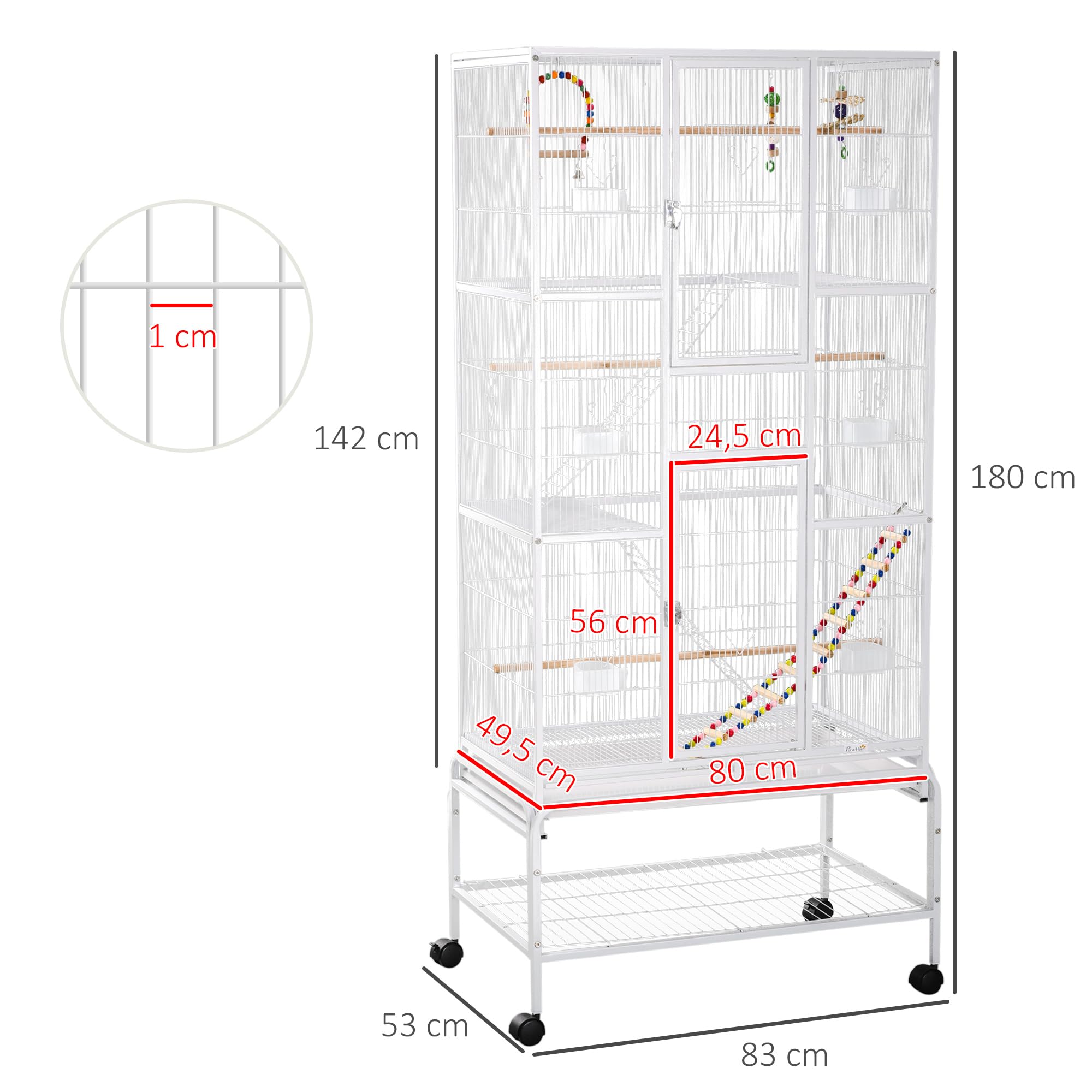 PawHut Jaula para Pájaros con Ruedas de 3 Niveles 83x53x180 cm Blanco | Pajarera Metálica, 3 Perchas, Comederos, Juguetes, Rampas, Estante de Almacenamiento, para Canarios Periquitos