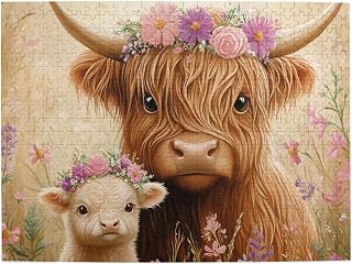 500 Pieces Adult Wooden Jigsaw Puzzle, Large Brown Cow with Calf, Floral Garlands, Colorful Wild Flowers Meadow, Gentle Gaze, Heartwarming Animal Family Portrait,Vibrant Design