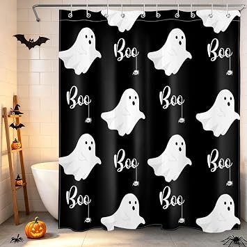 Spooky Halloween Shower Curtain Decor, Gothic Horror Halloween Black and White Ghost Shower Curtains 60X72 inch Polyester Fabric Bathroom Decoration Bath Curtains Hooks Included