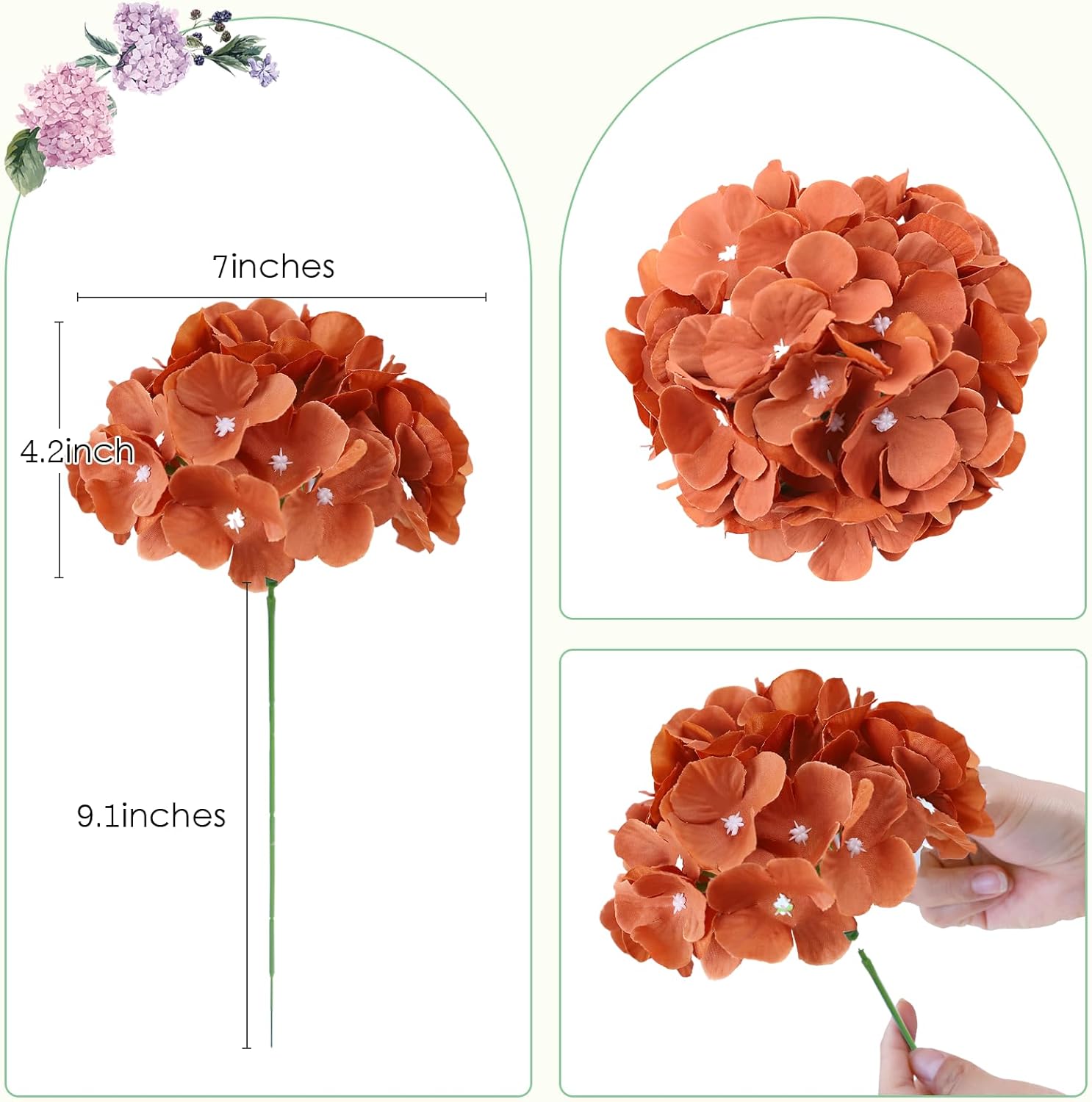 AVIVIHO 10pcs Burnt Orange Artificial Flowers Fake Hydrangeas Flowers Heads Full Hydrangea Silk Flowers with Stems for Fall Wedding Home Party Shop Baby Shower Decoration - Image 4