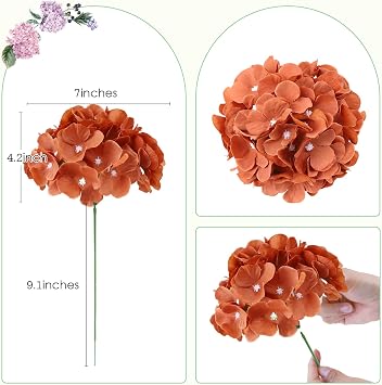 AVIVIHO 10pcs Burnt Orange Artificial Flowers Fake Hydrangeas Flowers Heads Full Hydrangea Silk Flowers with Stems for Fall Wedding Home Party Shop Baby Shower Decoration