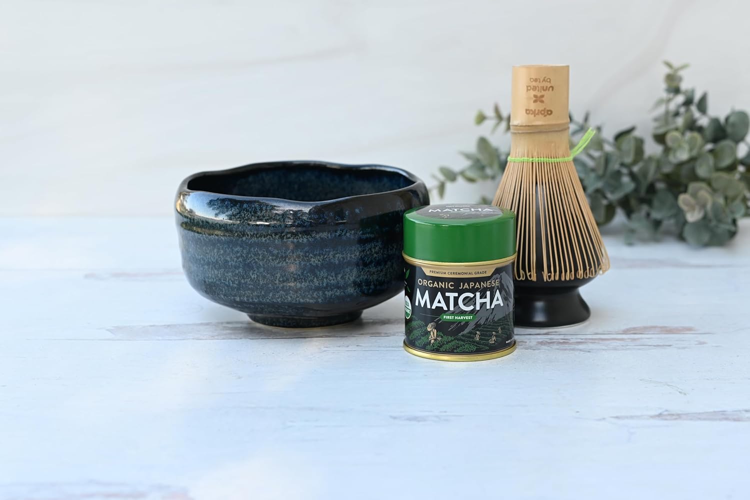 Indigo Ceramic Matcha Set - Japanese Matcha Bowl, Ceremonial Matcha 30g, Bamboo Matcha Whisk and Whisk Holder - Handcrafted Matcha Cup, 100 Prongs Chasen by Aprika Life