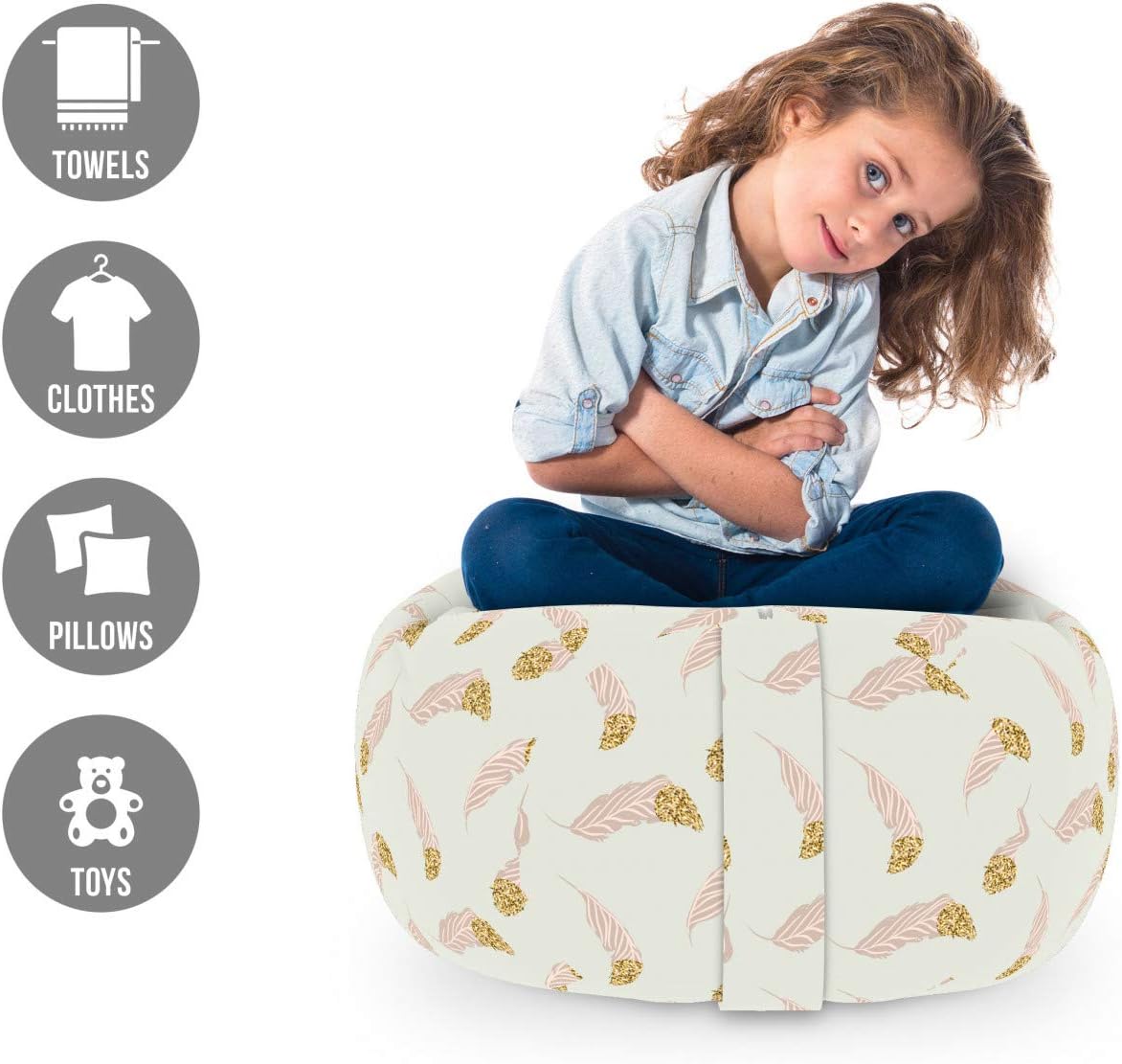 Ambesonne Feather Storage Toy Bag Chair, Soft Tone Bohemian Ornamented Pastel Colored Modern Plumage Composition, Stuffed Animal Organizer Washable Bag, Small Size, Blush Coconut