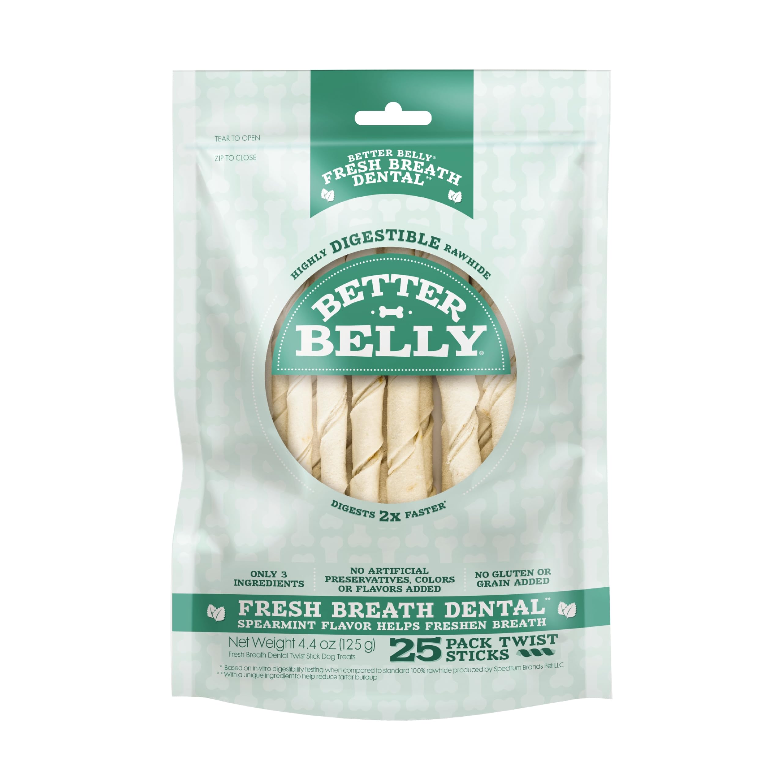 Better Belly Fresh Breath Dental Twist Sticks,Highly Digestible Rawhide for Dogs, 25 Count