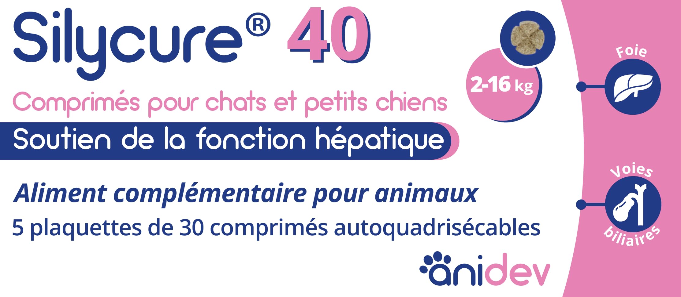 Anidev Silycure 40 - Complément Soutient Hépatique Chien Chat - 150 CP | Aliment Complémentaire - Formule d'Origine Naturelle Silybine Chardon Marie - Idéal Petit Chien & Chat -Cp Sécables Appétents