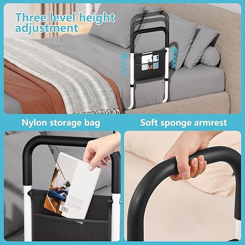 Miniatura 4 de Hopelight Asa de soporte de riel de cama ajustable con bolsa de almacenamiento, blanco y negro, protector de seguridad de asistencia de altura,