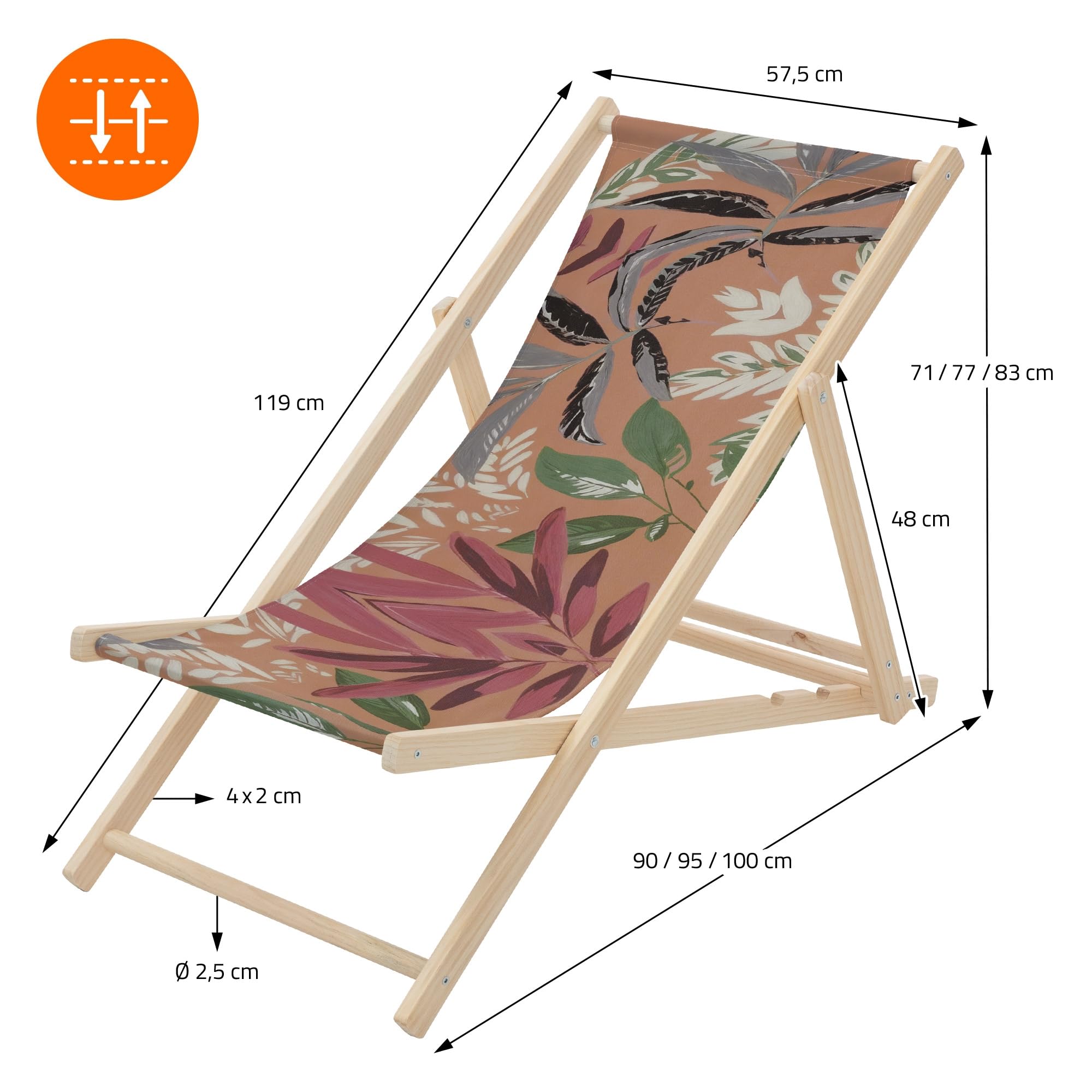 ECD Germany Zestaw 2 Lezak Skladany Drewniany plazowy Floral brazowo-czerwono-zielony do 120 kg z 3-stopniowa regulacja oparcia krzeslo relaksacyjne balkon taras ogród komfortowy stabilny i praktyczny