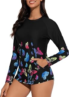 Women's Long Sleeve Rash Guard Round Neck Swim Shirts Sun Protection Rashguard Swimsuit Tops Braless Swimwear Top