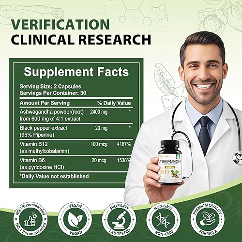 Miniatura 2 de Ashwagandha Suplementos orgánicos de 2400 mg con pimienta negra vitamina B12 y B6 para máxima absorción, alivio del estrés, rendimiento atlético