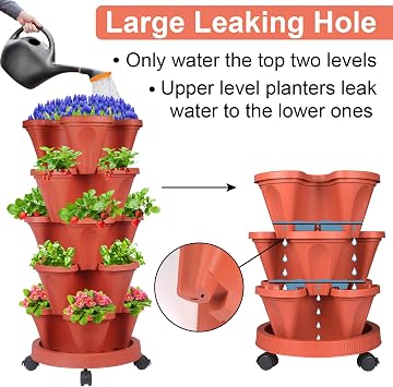 DUNCHATY Stackable Planters 5 Tier Vertical Garden Planting Tower Planters Strawberry, Herb, Flower, and Vegetable Planter Indoor Outdoor Gardening Pots with Removable Wheels and Tools, 2 Bundle
