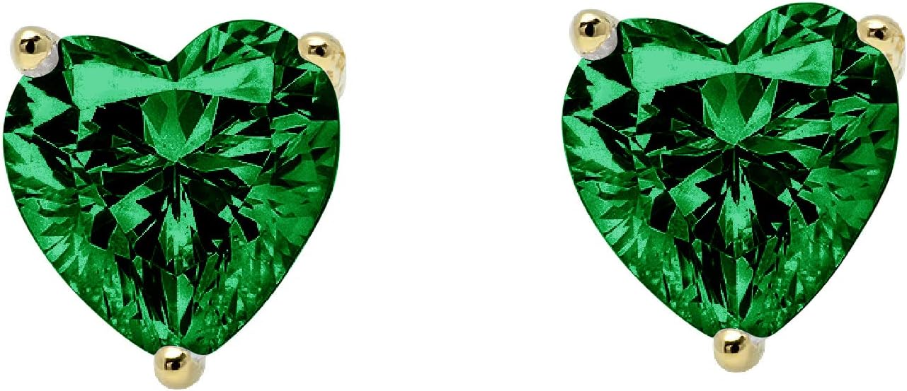 14K Yellow Gold Simulated Emerald Stud Earrings with Screw back - Hypoallergenic, 1.5 cttw - Minimalist Women's Fine Jewelry