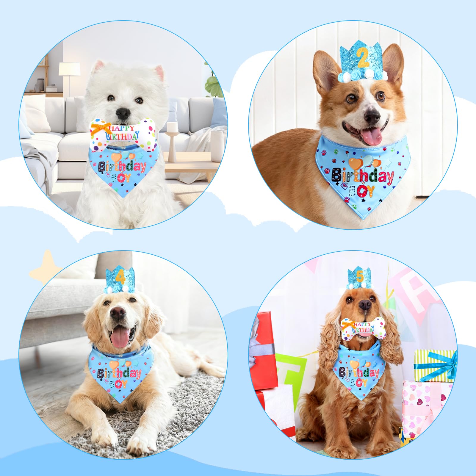 Set Compleanno Cane, 4 Pezzi Decorazioni Festa di Cappellino per Cani con Cappello, Bandana, Giocattolo a Forma di Osso & Numeri, Regalo Cane Compleanno per Cani Maschi e Femmine (Blu)