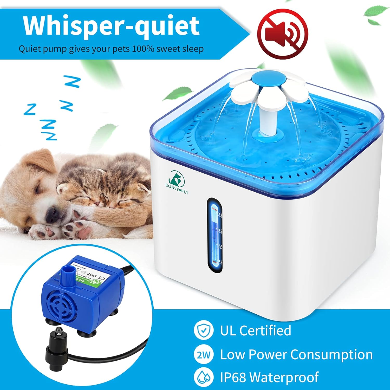 Cat Water Fountain, Bonve Pet 2.5L/84oz Automatic Pet Cat Water Fountain Dog Water Dispenser with Intelligent Pump and LED Indicator for Water Shortage Alert, with 3 Replacement Filters,1 Silicone Mat : Pet Supplies