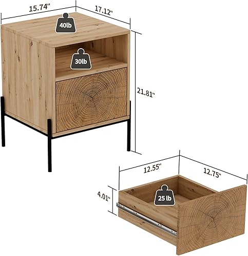 Miniatura 2 de Mesa auxiliar de 2 niveles, mesita de noche de mediados de siglo con marco de metal, mesita de noche con acabado marrón con estante de