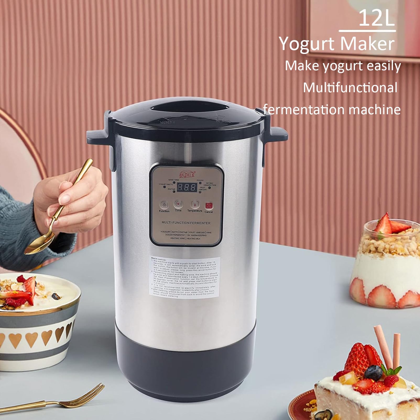 Máquina de Fermentación, Fermentador de Control Inteligente Automático Completo de 12 litros, Fermentador Eléctrico para Hacer Yogur, Fermentación de Vinagre de Frutas