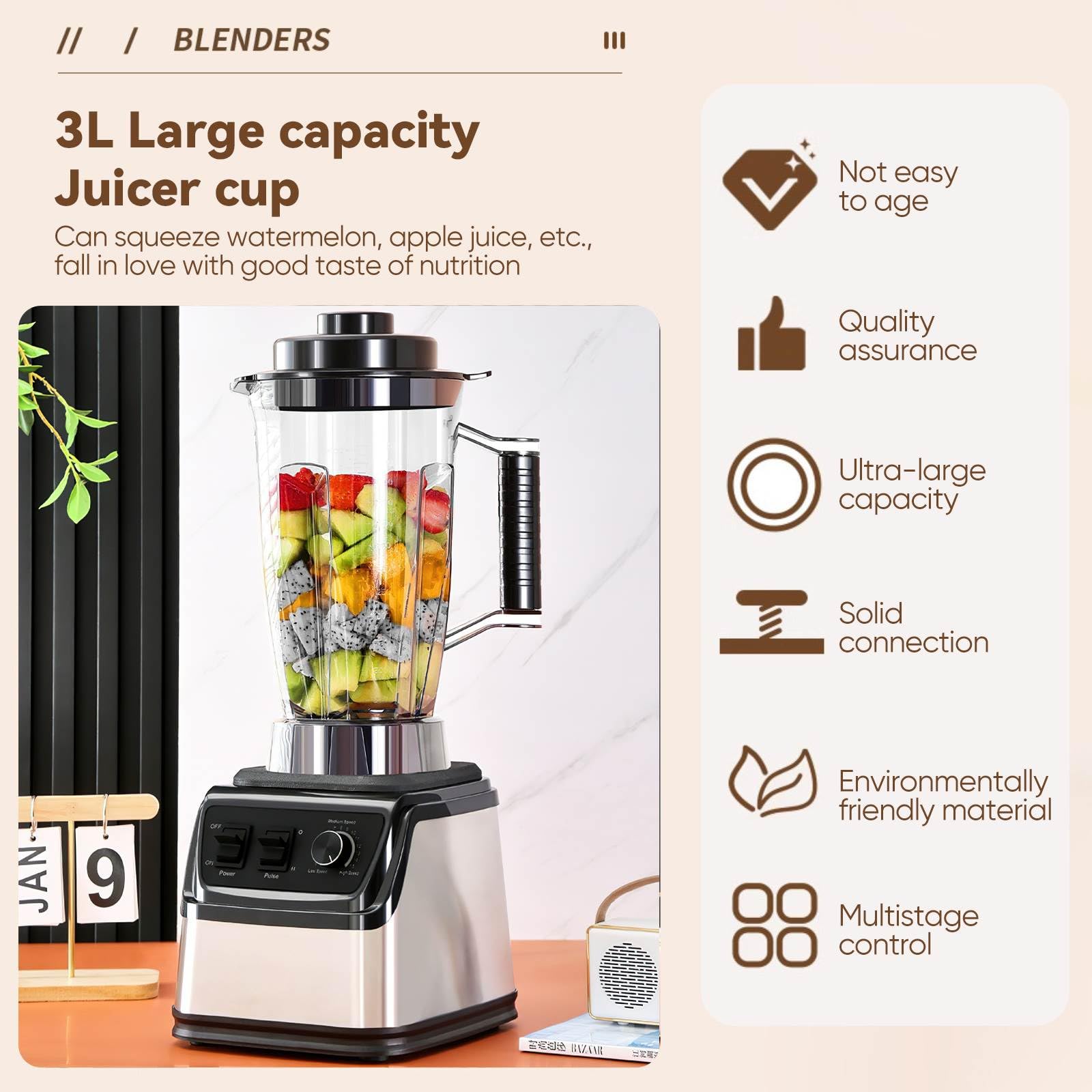 3L Batidora Multifunción, 3 en 1, Batidora Profesional de 9500W,Tres Jarras,Cuchillas de Acero Inoxidable,15 Velocidades Ajustables,Batidora para Batidos, Granizados y Frutas (3 en 1) - 2