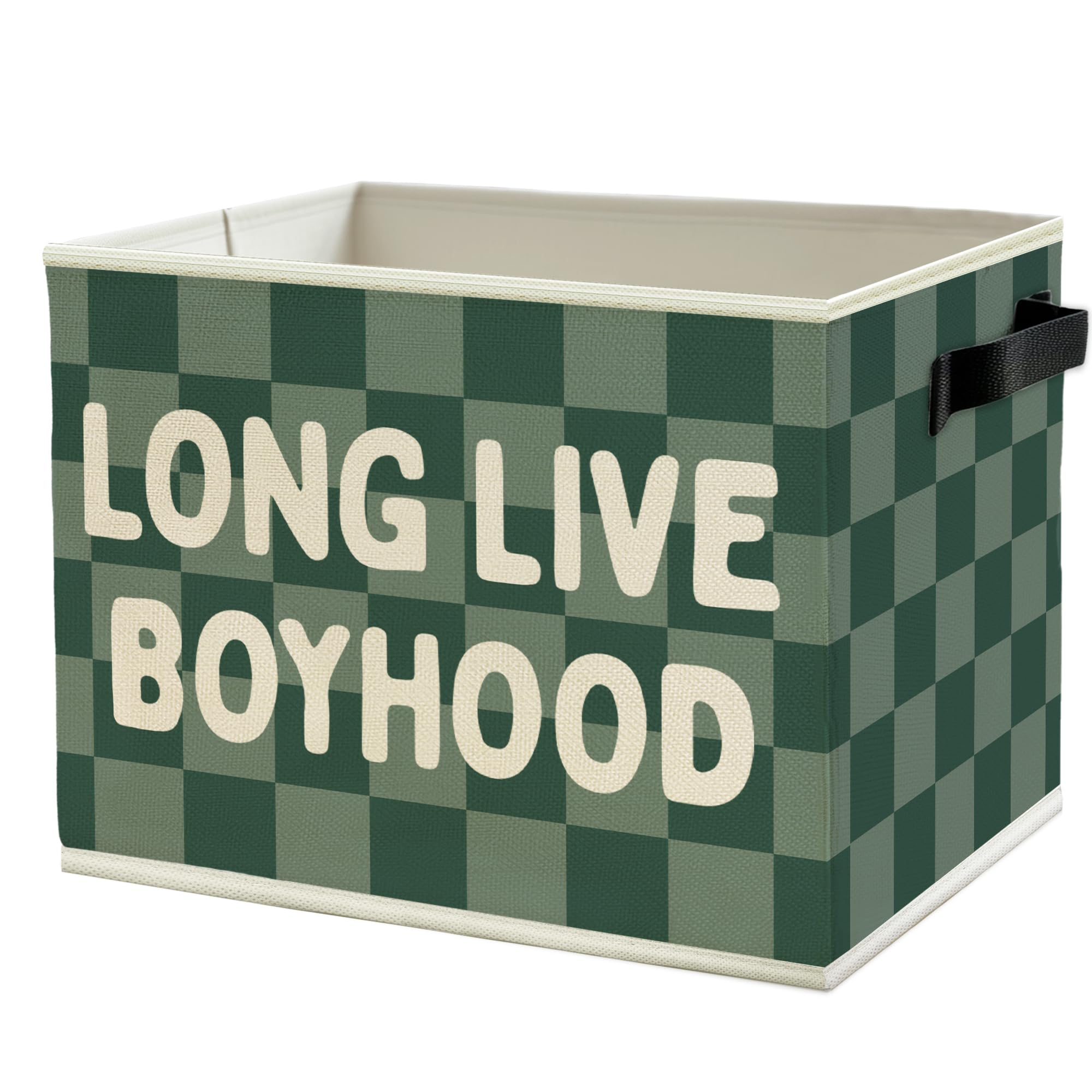 Long Live Boyhood Boys Storage Bins Box with Handles, Green Checkered Pattern Collapsible Basket Organizer for Kids Boy Nursery Room Bedroom Bathroom Playroom Books Clothes