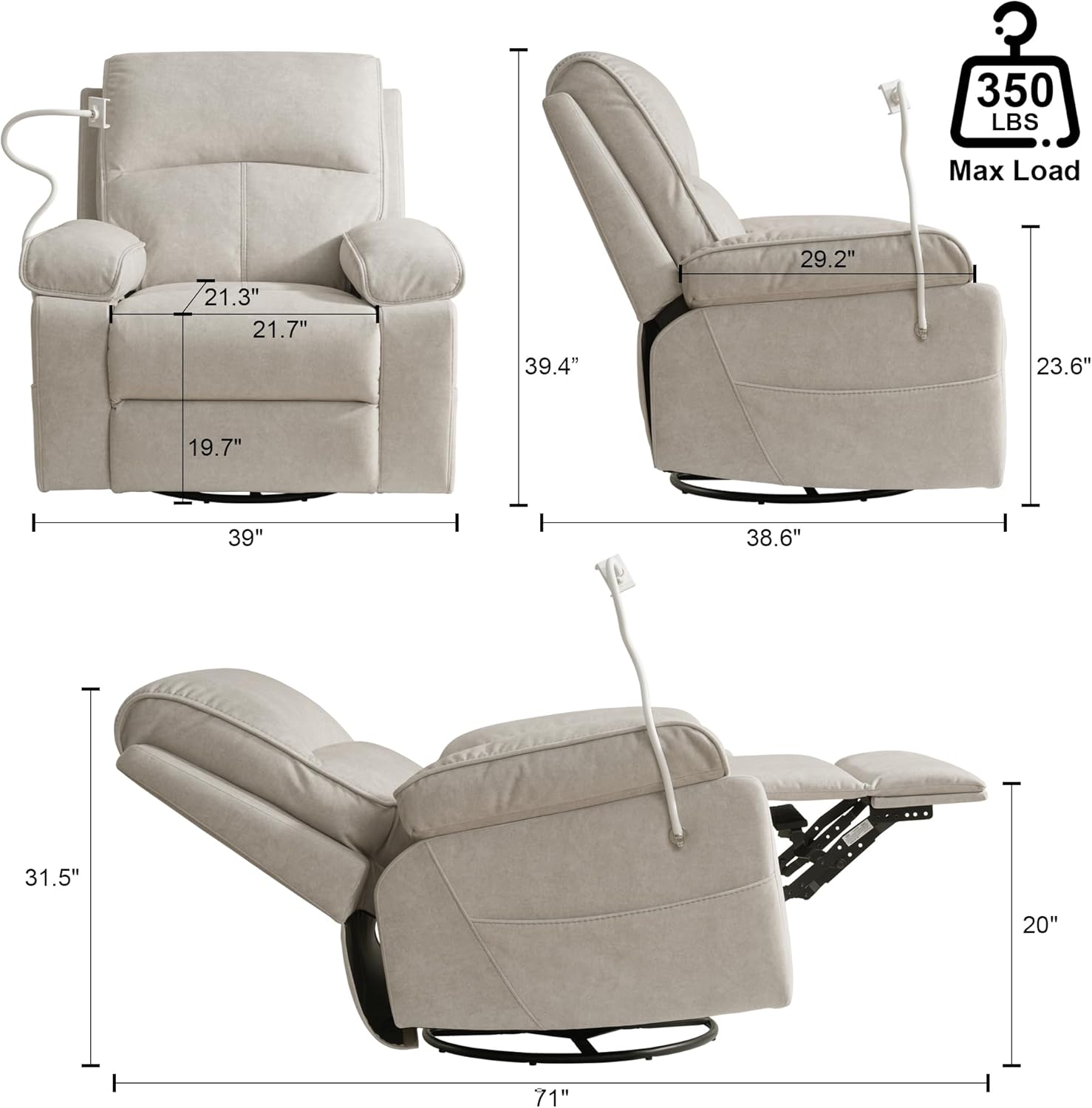 Nursery Rocking Chairs Glider Recliner with Flexible Phone Holder, Oversized 360° Swivel Rocker Recliner, Comfortable Nursing Chair for Baby Breastfeeding, Manual Reclining, Velvet, Beige