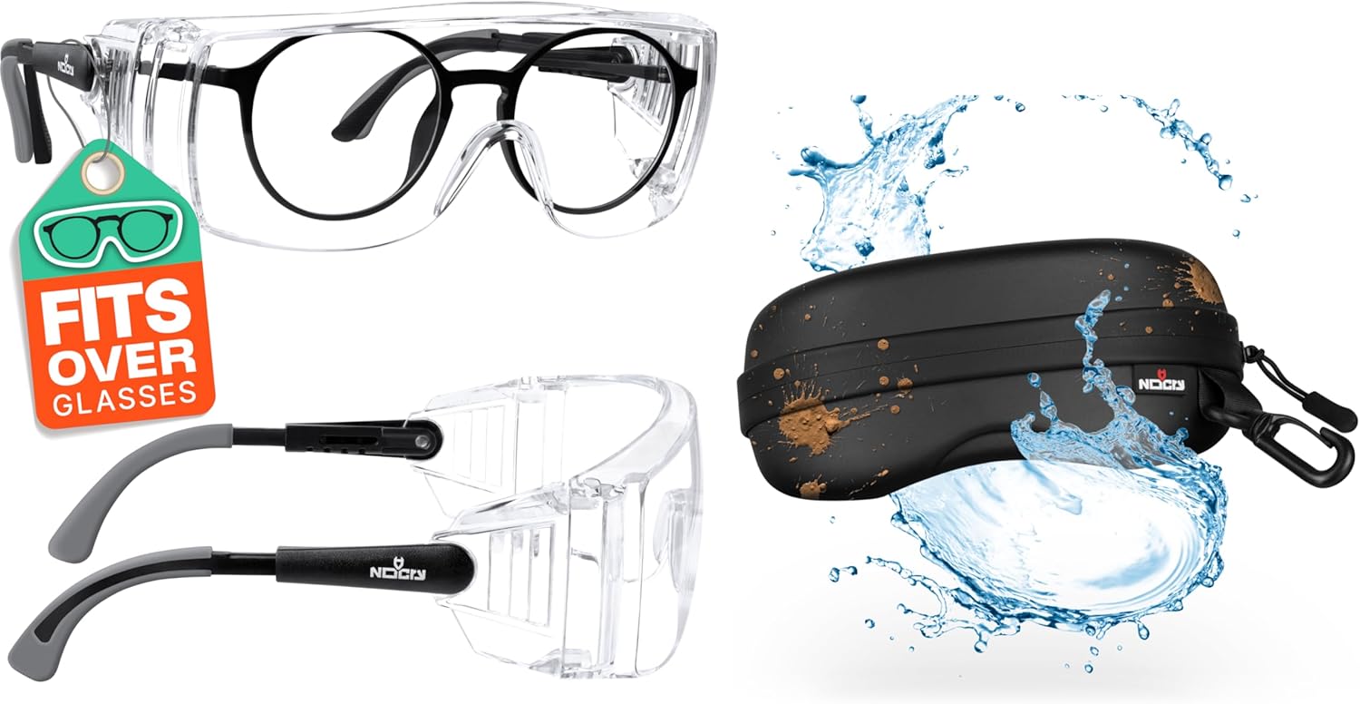 NoCry Anti Fog Safety Glasses Over Eyeglasses - Anti Scratch Glasses with Side Shields & Water Resistant Case with Clip - Semi Hard Sunglasses Case with Cleaning Cloth