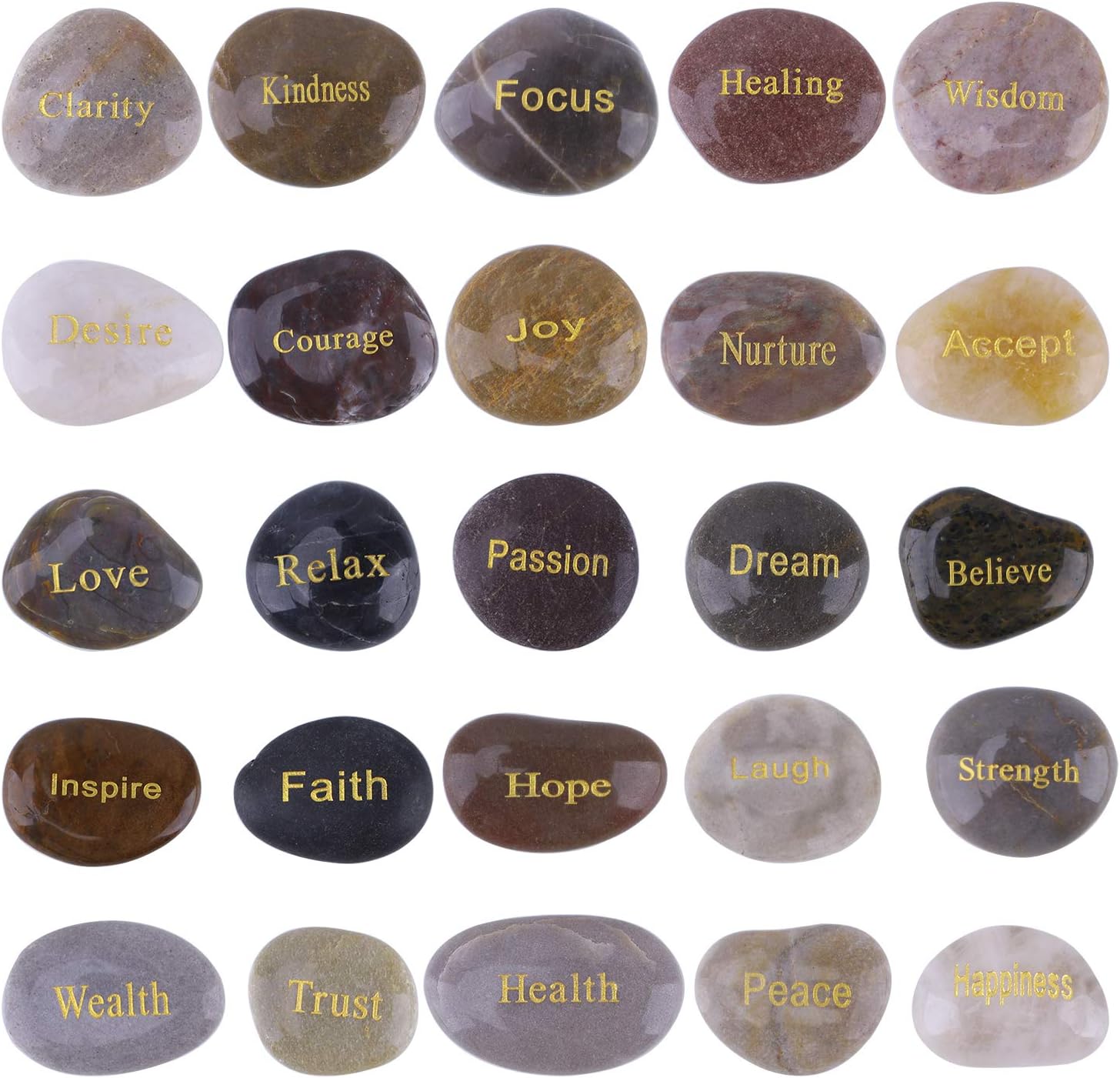 Engraved Inspirational Gift Stones Words Natural Stones Lettering for Prayer Faith Meditation (25 Different Words 1-2 inches)- Worry Stones Party Rocks with Sayings Positive Motivational
