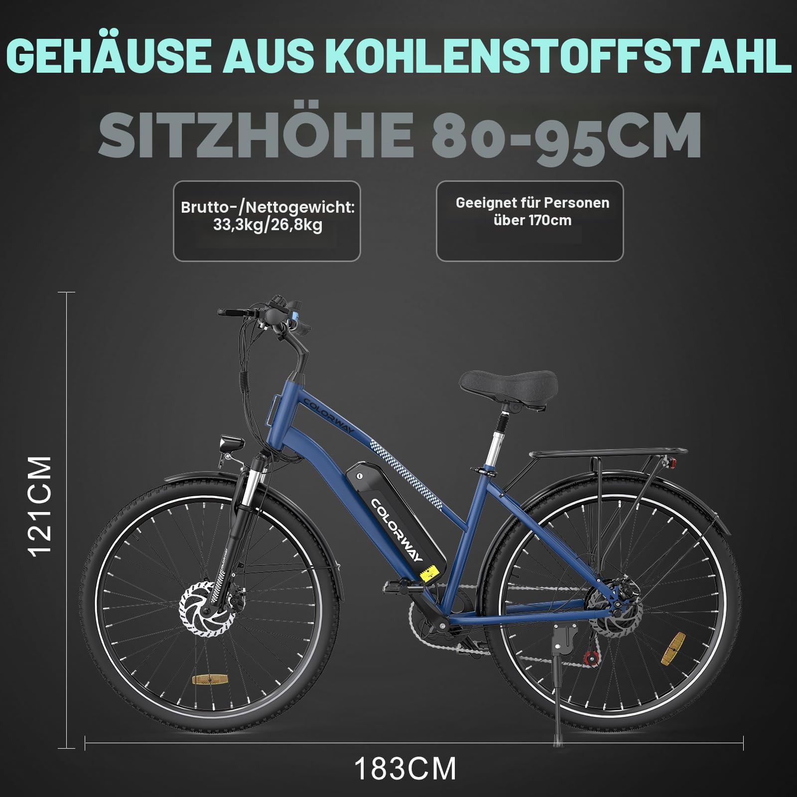 COLORWAY BK27 Elektrofahrrad, 28 Zoll EBike, 2 Fahrmodi Citybike mit 36V 15Ah Akku, mit Tretunterstützung, Pendlerfahrrad mit 250W Motor, EBike für Unisex Erwachsene Reichweite bis zu 45-100Km.