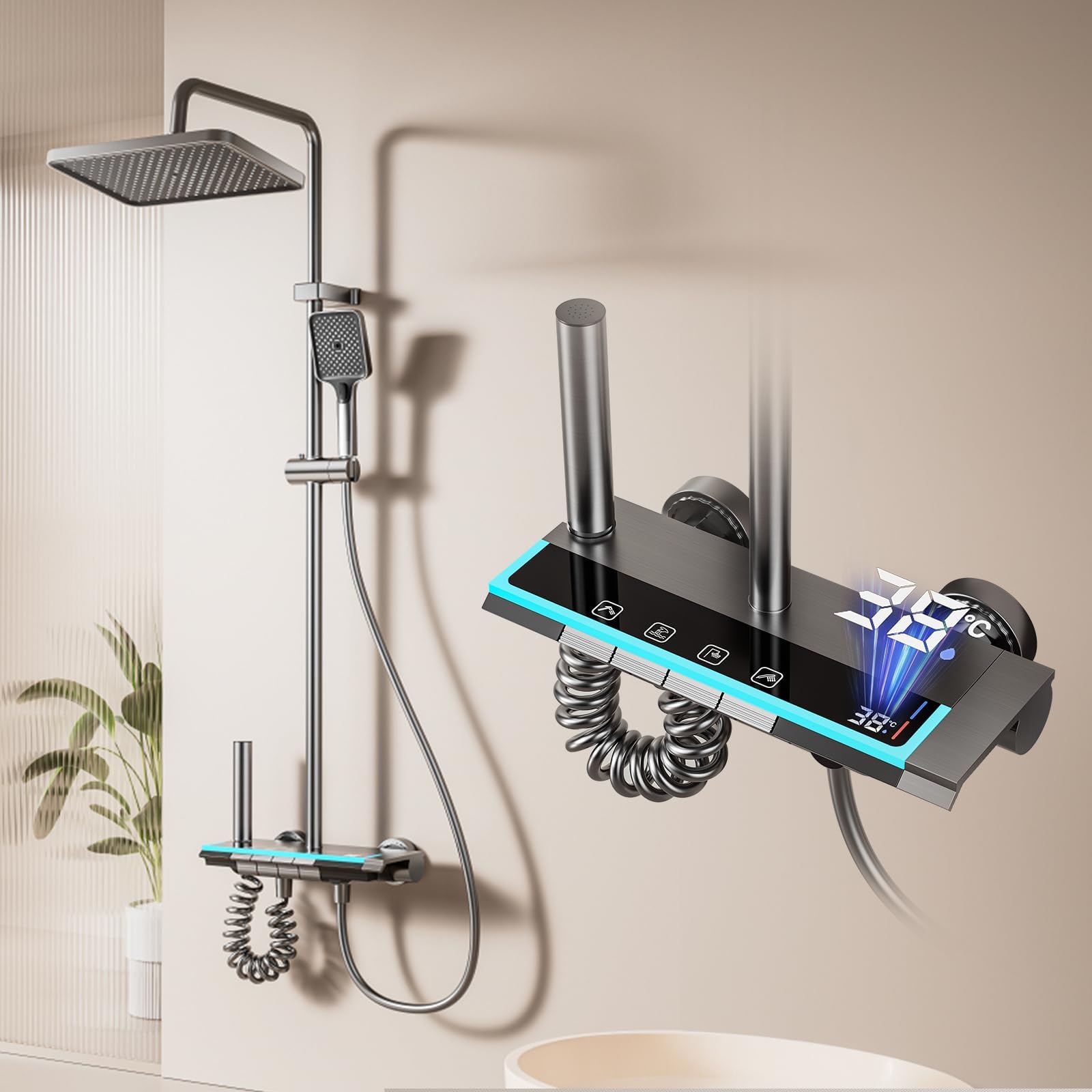 Colonne de Douche avec Écran LED Numérique et Horloge, Éclairage d’Ambiance, Robinetterie Réglable en Hauteur avec Boutons Piano et Douchette Bidet pour Salle de Bain