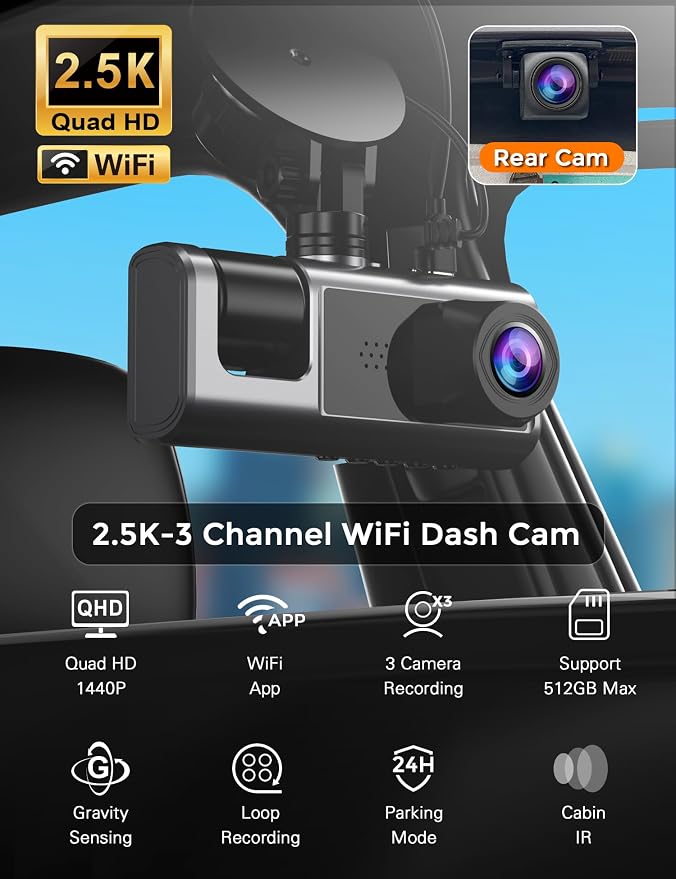 Cámara Dash 3 Canales WiFi para Carros 2.5K+1080P+1080P miniatura 8