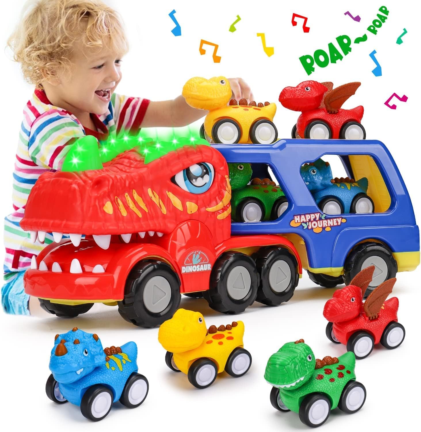 5-in-1 Dinosaur Transport Carrier Trucks for Toddlers 1-3 with Lights Music Sound, Dinosaur Truck Toys With Dinosaur Cars, Dinosaur Car Launcher Track for Boys Age 3+ Year Old, Kids Toys Gift